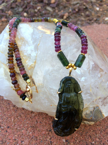 Moldavite carved Quan Yin with Faceted Tourmaline Necklace