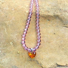 Amber heart with Atlantean Rose Quartz beads