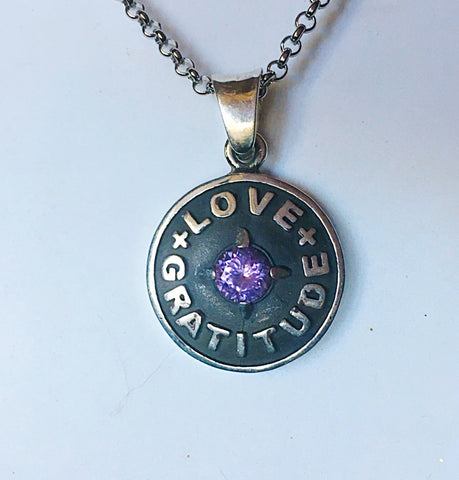 Love + Gratitude pendant Oxidized Sterling with Amethyst